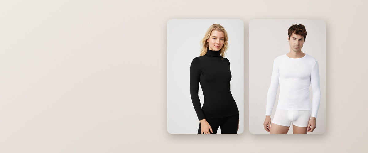 Maglia termica donna a lupetto nera e maglia termica uomo bianca Ysabel Mora