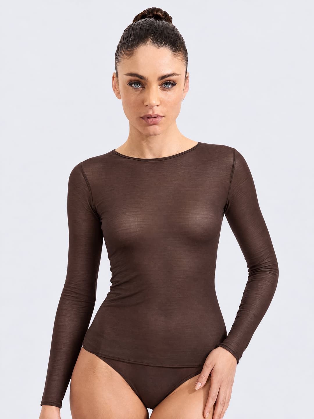 Maglia donna Ciocca collo barchetta in cashmere e modal manica lunga P0713M colore Moka