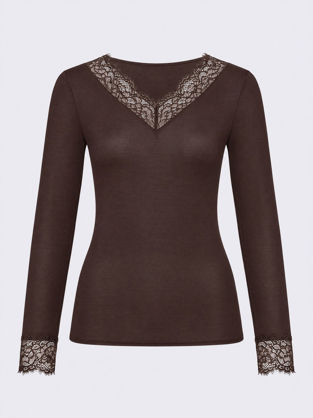 Maglia donna Ciocca manica lunga scollo a V in cashmere e modal con pizzo moka P0716M fronte