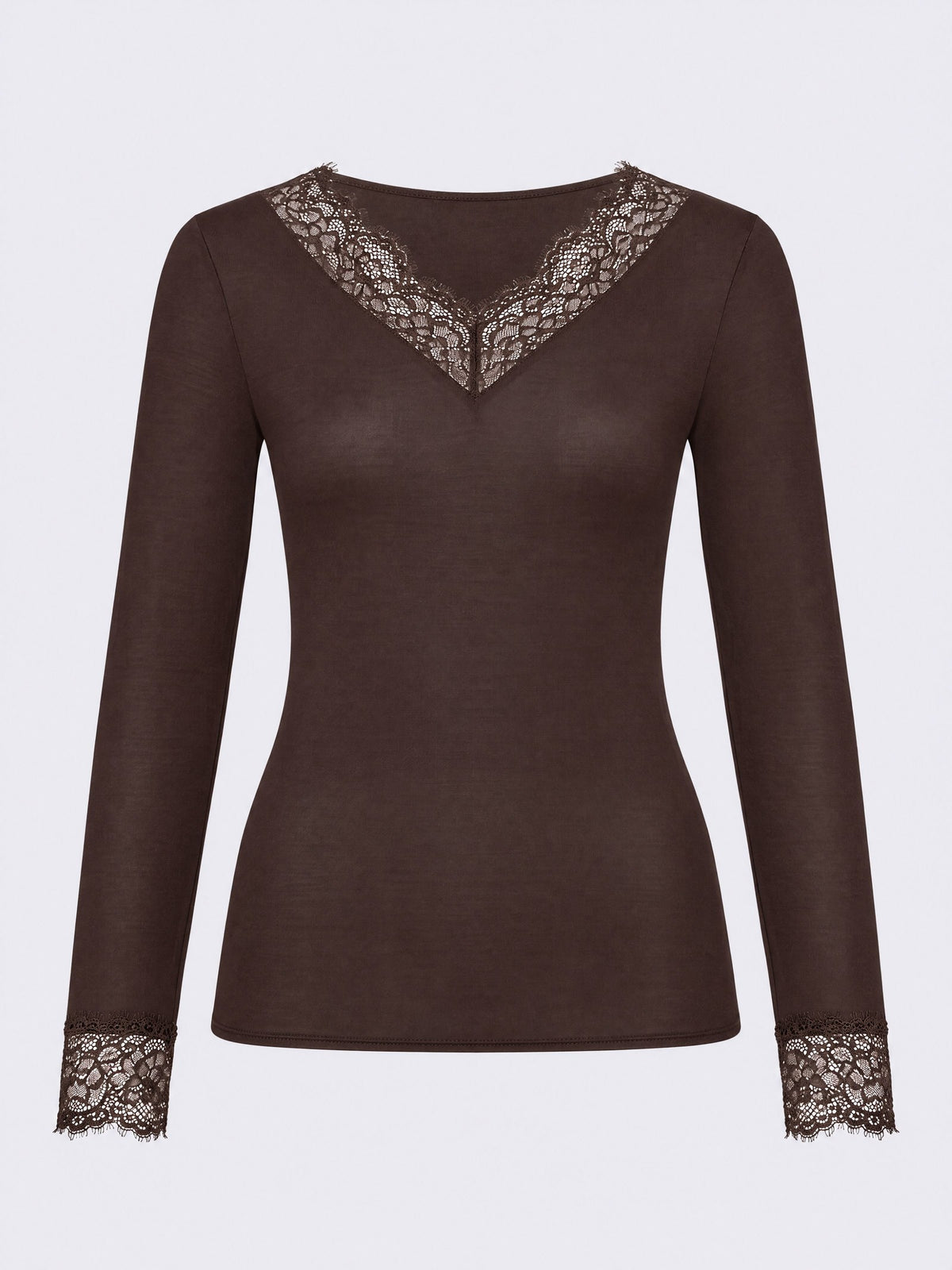 Maglia donna Ciocca manica lunga scollo a V in cashmere e modal con pizzo moka P0716M fronte
