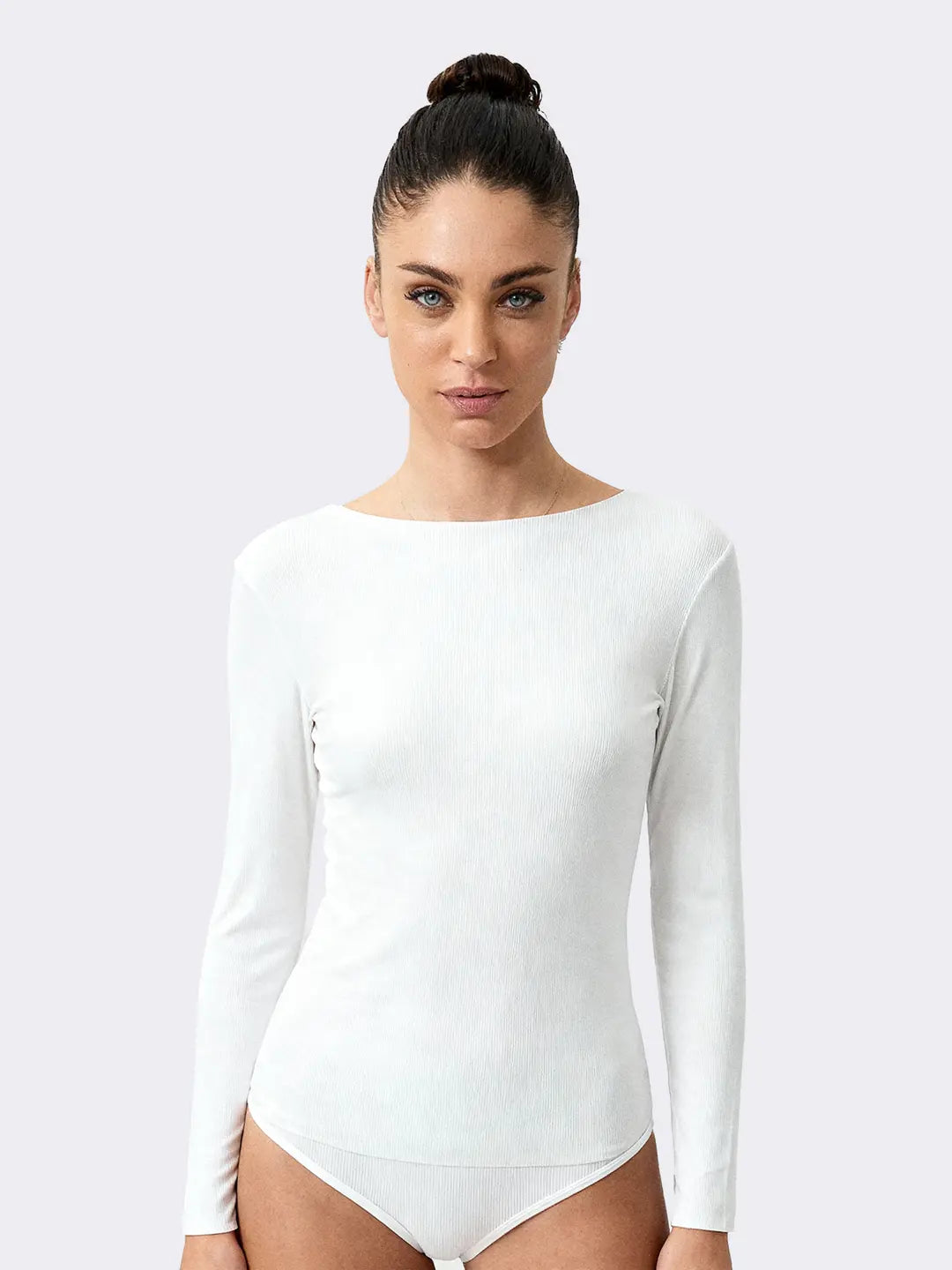 Maglia Donna Ciocca Collo Barchetta Manica Lunga Cashmere Modal Costina P0735M bianco